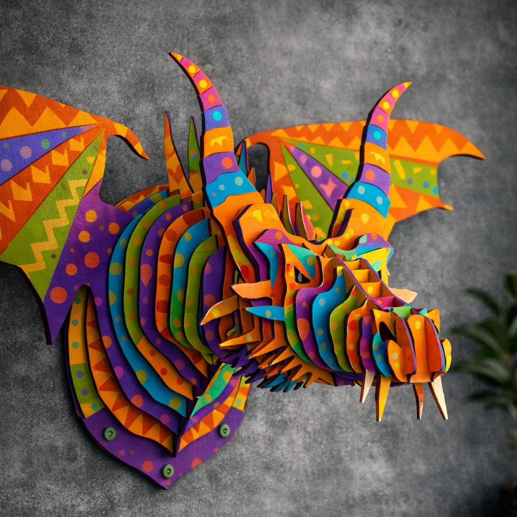 Colored Fantasy Dragon Layered Wood Decor