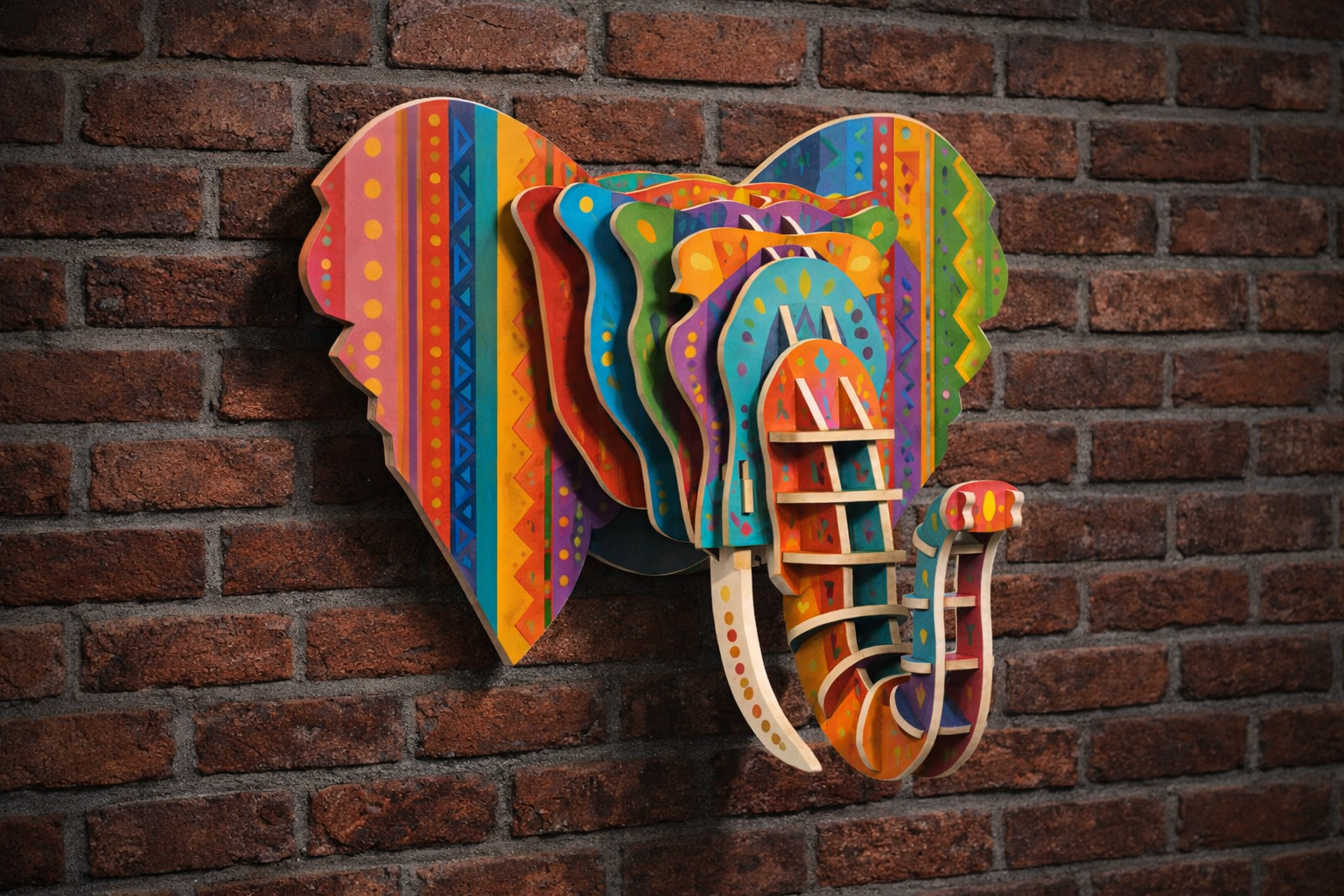 Handcrafted Colored Elephant 3D Wooden Art